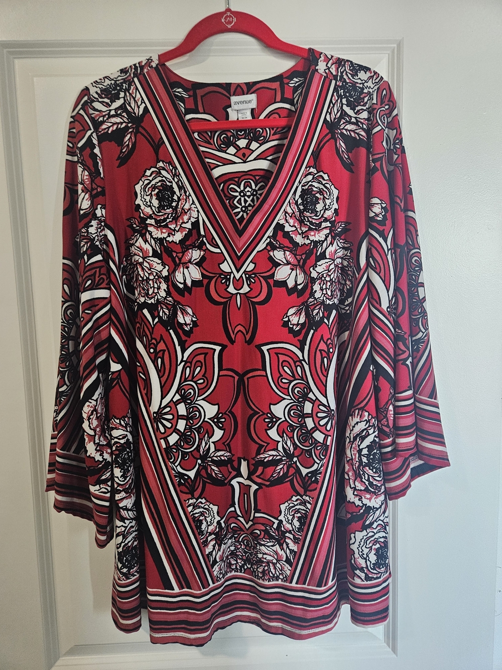Avenue Red Floral V-Neck Tunic with Black and White Accents